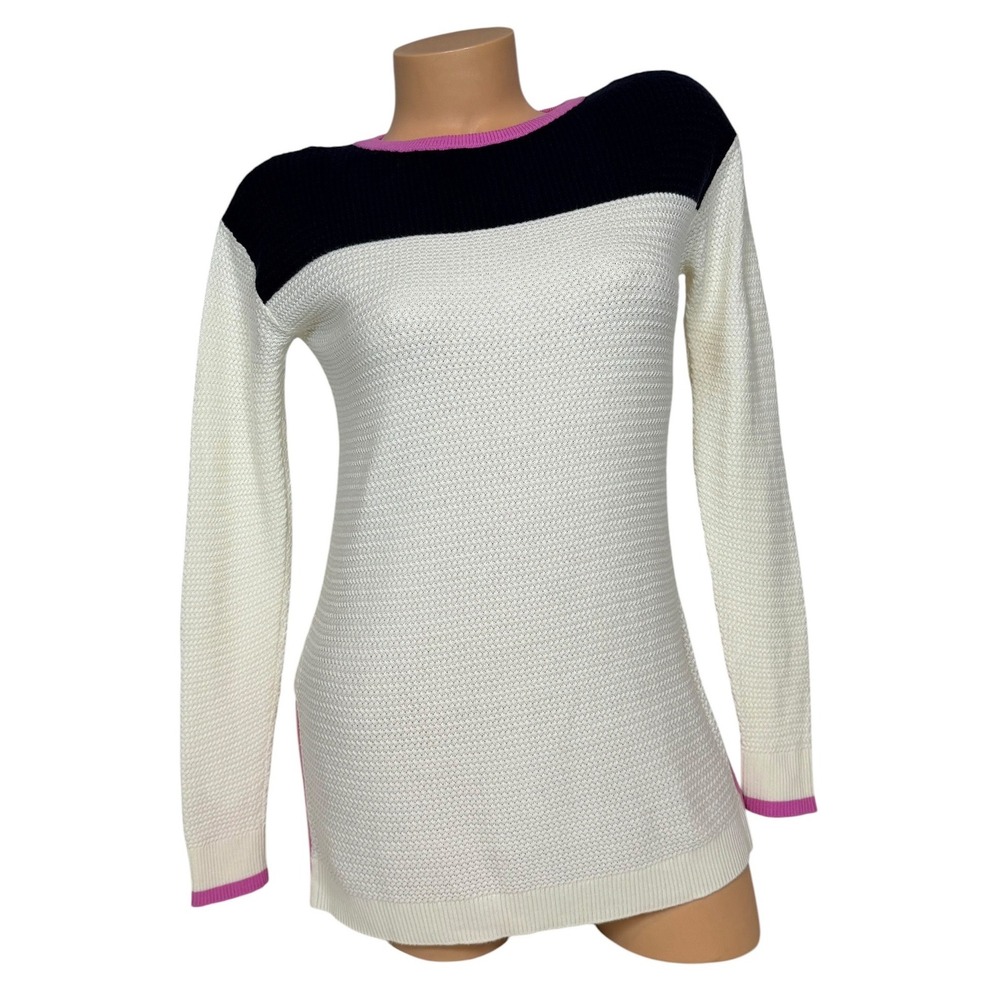 Talbots Womens Colorblock Sweater Ivory Navy Pink Size P (0/2) Petite Zippers